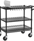 Heavy Duty Rolling Cart With Wheels For Commercial Kitchens And Food Service, 3 Tier Utility Cart, Industrial Metal Kitchen Trolley With Handle Bar And Shelf Liner, Black, Folews, side view