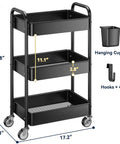 Heavy Duty 3 Tier Metal Rolling Cart With Wheels Ultra Sturdy Mesh Shelves Built In Hooks And Hanging Cups 110 Lbs Total Load Capacity
