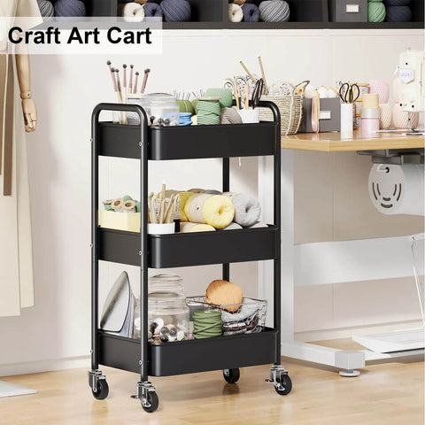Three Tier Rolling Cart On Wheels, Heavy Duty Metal Utility Trolley With Lockable Wheels, used in craft room setting