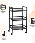 Three Tier Metal Rolling Utility Cart With Open Shelves For Quick Access And Grab And Go Mobility Ideal For Kitchen Bathroom And Workshop Durable Metal Construction In Black From Amazon Basics shown in frontal view.