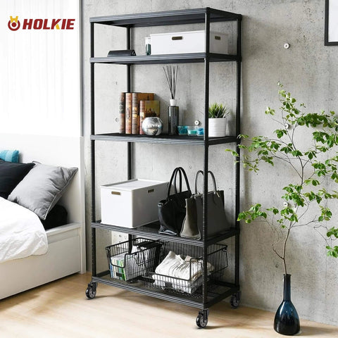 4 Inch Caster Wheels No Brake Stem Casters Set of 4 Heavy Duty Swivel Castors on black shelving unit in modern bedroom.