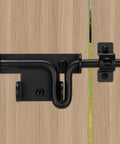 Black two way slide bolt gate latch door lock for heavy duty fences and barn doors with padlock locking hole on wooden plank