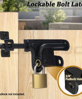 Two Way Slide Bolt Gate Latch Door Lock For Heavy Duty Fences And Barn Doors Black With Padlock Locking Hole installed on wooden gate