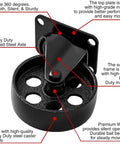 8 Pack 4 Inch All Black Metal Swivel Plate Caster Wheels Heavy Duty High Gauge Steel With Screws Includes Four Brakes And Four Non Brake Capacity 400 Lb Each Wheel Diameter 4 Inch Ideal For Carts Cabinets And Tools close-up of single caster wheel with annotations