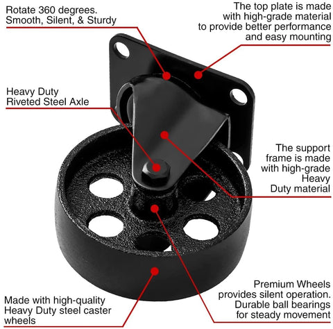 8 Pack 4 Inch All Black Metal Swivel Plate Caster Wheels Heavy Duty High Gauge Steel With Screws Includes Four Brakes And Four Non Brake Capacity 400 Lb Each Wheel Diameter 4 Inch Ideal For Carts Cabinets And Tools close-up of single caster wheel with annotations