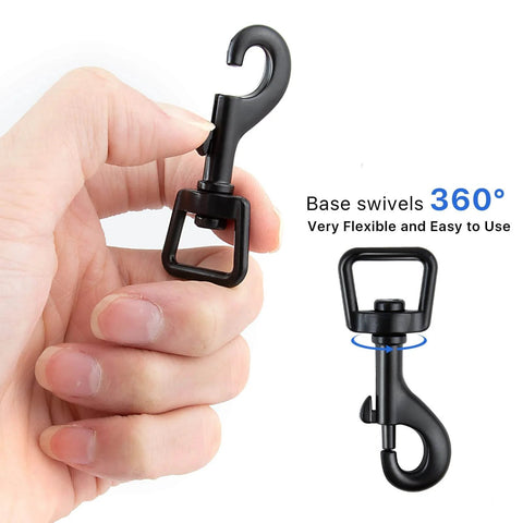 Hand holding metal heavy duty swivel snap hook, black zinc alloy, 360-degree rotation, part of 20Pcs Bolt Snap Hooks Set For Dog Leash Clips And DIY Projects.