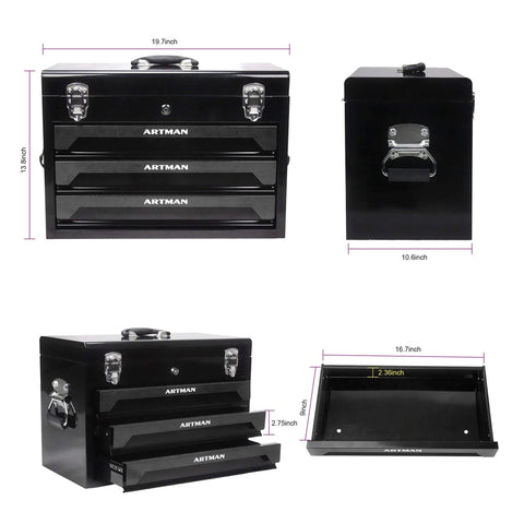 439 Piece Mechanics Tool Set, 3 Drawer Heavy Duty Metal Box with Household Tool Kit in black showing dimensions
