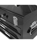 439 Piece Mechanics Tool Set, 3 Drawer Heavy Duty Metal Box with Household Tool Kit, close-up of metal handle and latch