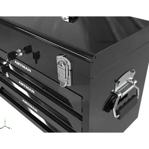 439 Piece Mechanics Tool Set, 3 Drawer Heavy Duty Metal Box with Household Tool Kit, close-up of metal handle and latch