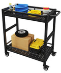 Heavy Duty Service Cart On Wheels With 2-Tier Metal Rolling Utility Cart Fences loaded with tools and supplies, 360° swivel casters