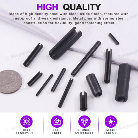 Swpeet black steel roll pin assortment set; 11 metric sizes (M2–M10); slotted spring pins for home improvement and automotive repair.