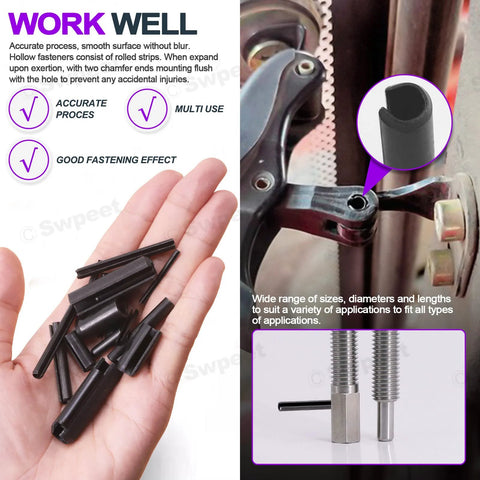 230 Piece Black Metric Roll Pin Set With Storage Case Includes 11 Sizes M2 M3 M4 M5 M6 M8 M10 Slotted Spring Pins Steel Dowel Pins For Home Improvement And Automotive Repair Great For DIY Projects And Quick Fixes shown in use and held in hand