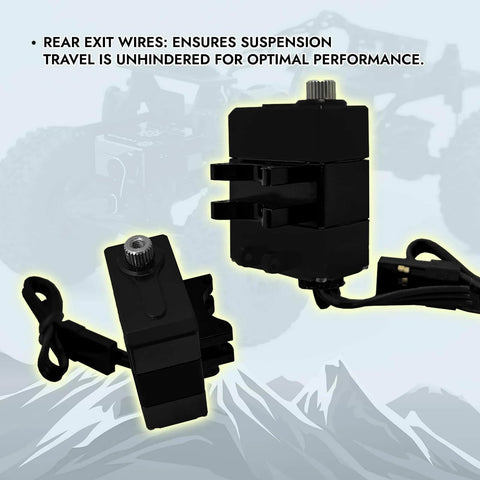 Black High Torque Micro Servo 5.0V - 8.4V with CNC Servo Mounts & Arms, visible rear exit wires for RC Car Crawler Axial SCX24.