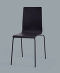 Black modern dining chair on gray background, featuring minimalist design with four slender legs and smoothly contoured seat and back.
