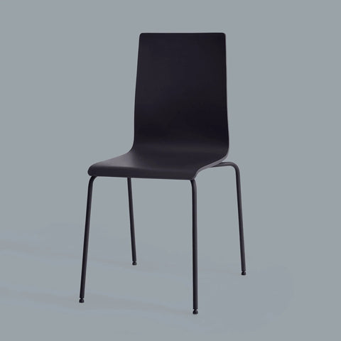 Black modern dining chair on gray background, featuring minimalist design with four slender legs and smoothly contoured seat and back.