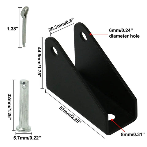 Mounting bracket with dimensions for 18 Inch Stroke Linear Actuator With Mounting Bracket For Recliners TV Tables Massage Beds And Electric Sofas Supplying 225 Lbs Load Capacity At 12V DC With 0.39 Inch Per Second Travel For Indoor And Outdoor Use Black.