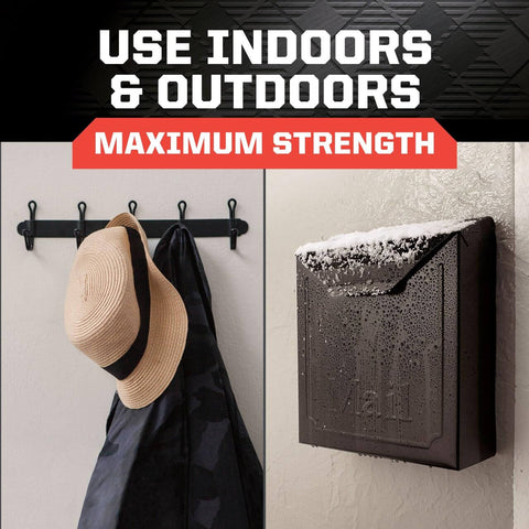 Extreme Mounting Strips Double Sided Heavy Duty Tape 16 Pack used indoors and outdoors, coats and mailbox shown in image.