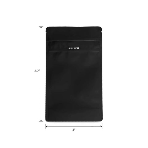 1000 Count All Black Mylar Bags, 6.7 By 4 Inches, Kid-Proof Resealable Food Storage Bags displayed with measurement