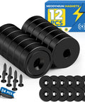 Neodymium Cabinet Magnets 20 Lb Holding Power 12 Pack With Holes And Iron Sheet Screws Included, black finish, stack layout