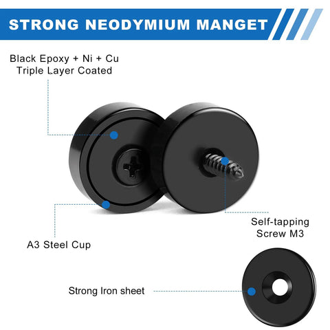Neodymium Cabinet Magnets 20 Lb Holding Power 12 Pack With Holes And Iron Sheet Screws Included Black 0.63x0.19 Inch Display