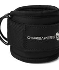 Black neoprene ankle strap with D-ring for cable machines, suitable for glute kickbacks and leg workouts.