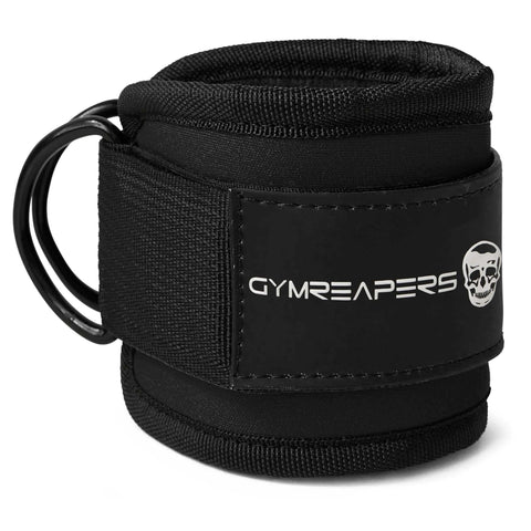 Black neoprene ankle strap with D-ring for cable machines, suitable for glute kickbacks and leg workouts.