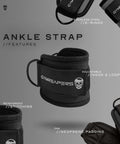 Ankle Straps For Cable Machines With Neoprene Padding, featuring adjustable hook and loop, stainless steel D-rings, reinforced stitching.