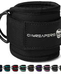 Ankle Straps For Cable Machines With Neoprene Padding, adjustable black straps with steel D-rings for glute kickbacks and calf workouts.