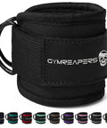 Black adjustable ankle straps with neoprene padding for cable machine workouts, featuring steel D-rings and logo, ideal for glute kickbacks.