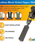 Medium Black Nickel Zipper Repair Kit That Fixes Jackets Sleeping Bags Tents And Duffel Bags With No Sew Slider Replacement Universal Tool For Instant Reusable Zipper Repair Sizes 5 To 7 By FixNZip displayed with installation icons and zipper types.