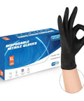Close-up of hand wearing Black Nitrile Disposable Gloves 5 Mil Latex Free Industrial Food Safe X Large with glove box.