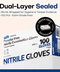 Box of Black Nitrile Exam Gloves 100 Count Powder Free Latex Free Chemical Resistant with dual-layer sealed packaging.