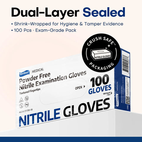 Box of Black Nitrile Exam Gloves 100 Count Powder Free Latex Free Chemical Resistant with dual-layer sealed packaging.
