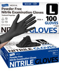 Black Nitrile Exam Gloves 100 Count Powder Free Latex Free Chemical Resistant, gloves being worn and shown on packaging.
