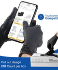 Black Nitrile Exam Gloves 3.5 Mil 1200 Textured Grip Latex Free Powder Free used with a smartphone; 200-count box shown