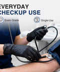 Person wearing Black Nitrile Exam Gloves Box Of 100 Latex Free Powder Free Disposable Medical using a stethoscope.
