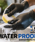 Hands wearing Black Nitrile Exam Gloves 100 Count Powder Free Latex Free Chemical Resistant washing dishes with a sponge.