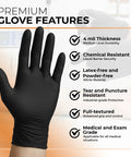 Image of black nitrile glove highlighting features: 4 mil thickness, chemical resistance, latex-free, powder-free, textured grip.