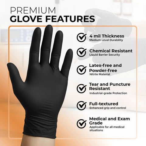 Image of black nitrile glove highlighting features: 4 mil thickness, chemical resistance, latex-free, powder-free, textured grip.