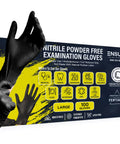 Hands wearing Black Nitrile Gloves 7 Mil Duty Powder Free Latex Free Puncture Resistant Large in front of the glove box.