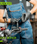 Mechanic wearing Nitrile Disposable Gloves 4 Mil Latex Free Powder Free Black XL 100 Count working on a motorcycle handle