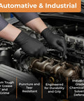 Person wearing Black Nitrile Gloves 4 Mil Powder Free Latex Free Food Safe Large 100 Count working on car engine