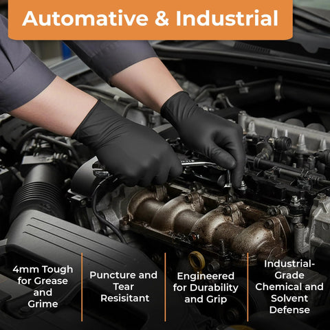 Person wearing Black Nitrile Gloves 4 Mil Powder Free Latex Free Food Safe Large 100 Count working on car engine