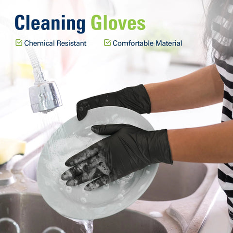 Person washing dishes wearing black nitrile gloves, demonstrating Black Nitrile Gloves Disposable Latex Free Powder Free Food Safe For Cooking.