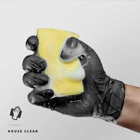 Black Nitrile Disposable Gloves 4.5 Mil Powder Free Latex Free Food Safe Exam holding a sponge with soap suds
