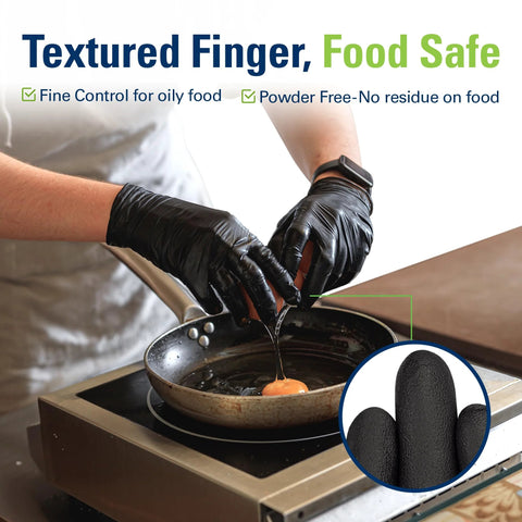 Person wearing Black Nitrile Gloves Disposable Food Safe Latex Free Powder Free 2.5 Mil Thick For Cooking handling food.