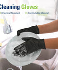 Person washing dish wearing Black Nitrile Gloves Disposable Food Safe Latex Free Powder Free 2.5 Mil Thick For Cooking And Food Prep