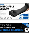 Packaging for Black Nitrile Disposable Gloves 4.5 Mil Powder Free Latex Free Food Safe Exam with image of black glove