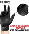 Black Nitrile Gloves 5 Mil Silicone Free for Food Prep and Cleaning, Disposable, showing micro-roughened texture on fingers.
