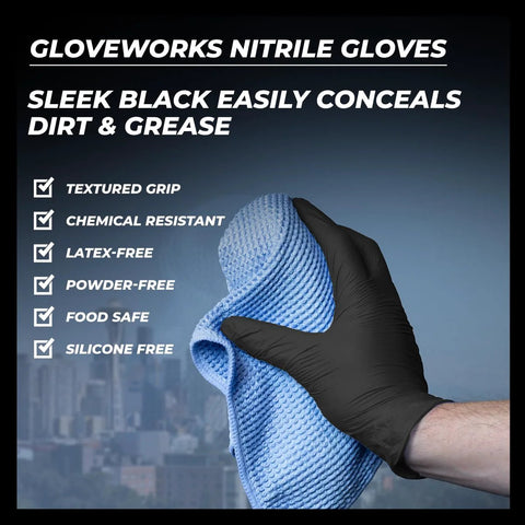 Black Nitrile Gloves 5 Mil Silicone Free for Food Prep and Cleaning, Disposable, holding blue cloth with city background